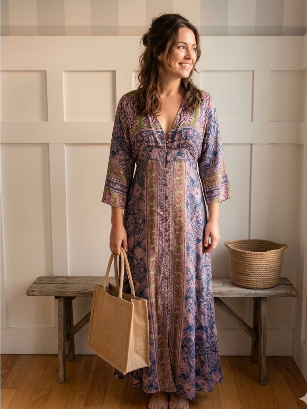 Bohemian Buttoned Pink & Navy Printed Maxi Dress Small